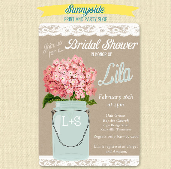 Свадьба - Pink Hydrangea - Lace Mason Jar Invitation - Bridal / Wedding Shower Invite - Shabby Chic