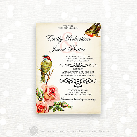 Свадьба - Printable Wedding Invite Vintage Birds & Flowers Weddings Invitation - INSTANT DOWNLOAD - EDITABLE - Retro Floral Art Design