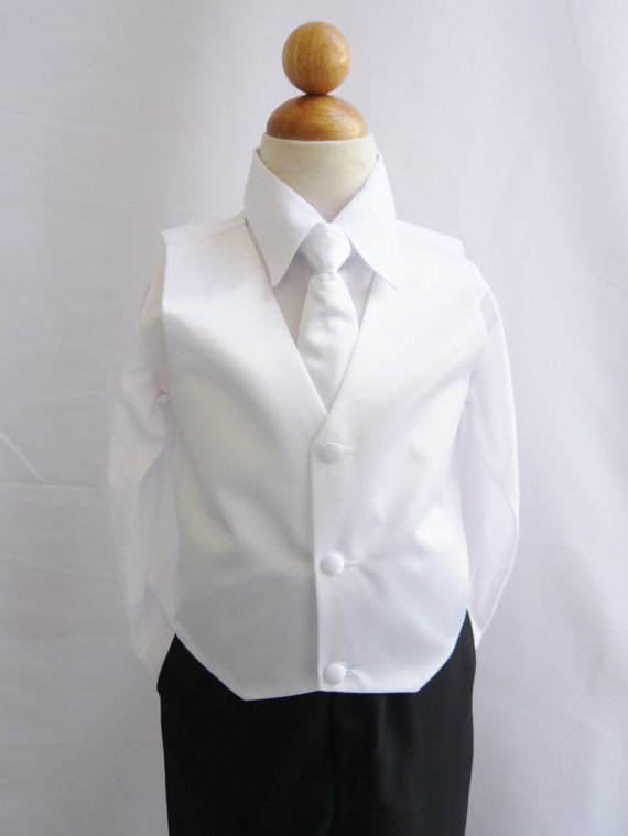 زفاف - Boy Vest with Long Tie in White for Ring Bearer, Communion, Wedding in Size 6, 8, 10, and More