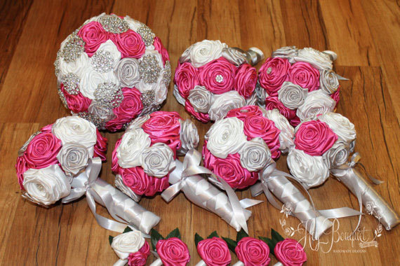 زفاف - Brooch Bouquet Package, DEPOSIT, Cherry, Silver, & White Brooch Bouquet, Fuchsia Bouquet