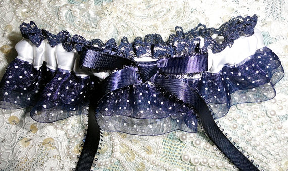 Wedding - Navy Blue -White Polka Dot Organdy-Lace Garter-Double Ruffle