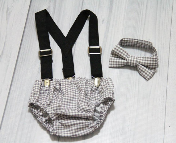 Mariage - Gray Gingham Diaper cover, Bow Tie and Suspenders set. Vintage Inspired. baby Boy Photo prop cake smash, wedding