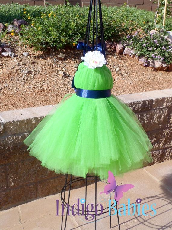 Mariage - Tutu Dresses, Flower Girl Dress, Tutu Dress, Lime Green Tulle, Navy Blue Ribbon, Flower Girl Dresses, Pink Flower, Portrait Dress, Wedding