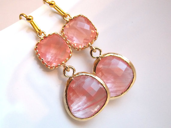 Mariage - Coral Earrings, Peach Earrings, Gold Earrings, Pink, Grapefruit, Glass, Bridesmaid Earrings, Bridal Earrings Jewelry, Bridesmaid Gifts