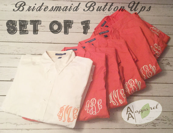 زفاف - Set of 7 Oversize Monogrammed Button Down Shirt - Boyfriend Shirt - Bride Bridesmaids Sorority Bridal 32 Colors