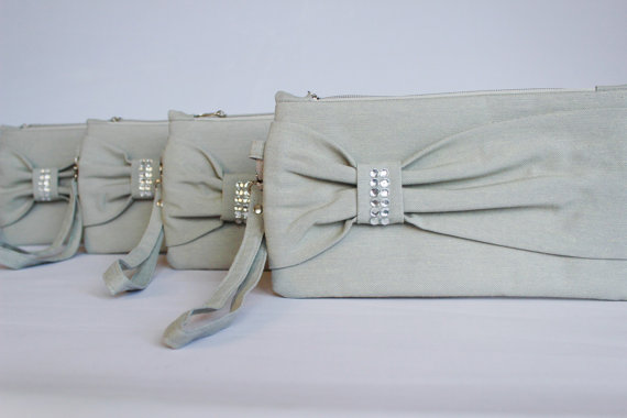 زفاف - Promotional sale   - SET OF 5 - Grey bow wristelt clutch,bridesmaid gift ,wedding gift ,make up bag,zipper