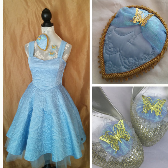 زفاف - Cinderella Blue Embroidered Corset Dress In XXL With Hat And Mouse Butterfly Fascinator and Shoe Clips
