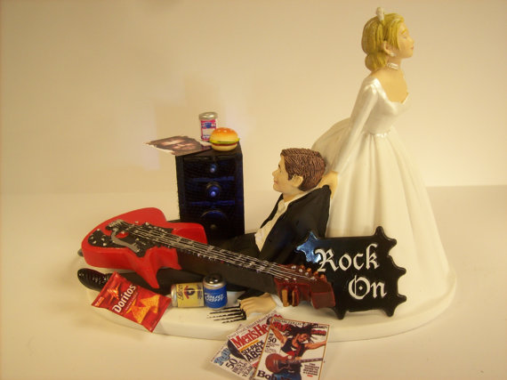 Hochzeit - No more ROCKIN Red GUITAR Funny Wedding Cake Topper Rockstar Rocker Bride and Groom Rock n Roll Groom's Cake with Amp