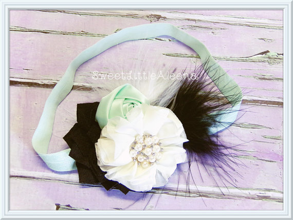Wedding - Ivory Black Mint Headband, Flower Girl Headband, Wedding Hair Piece, Baby Feather Headband, Fancy Infant Hairband, Hairbow Hair Clip, Bows