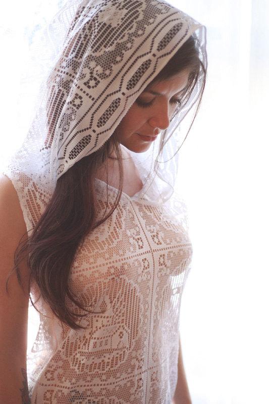 Hochzeit - Handmade lace white shirt - hoodie lingerie - religious cross - womens clothing - lace dress - upcycled clothing - sheer dress