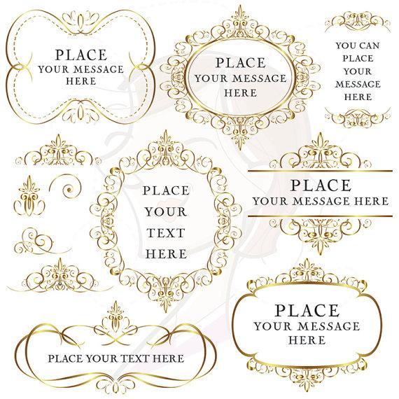 Wedding - Gold Flourish Borders Frames Clip Art, Digital Vintage Decorative Clipart, Elegant Swirl Foliage Borders DIY Wedding Invitations 10053