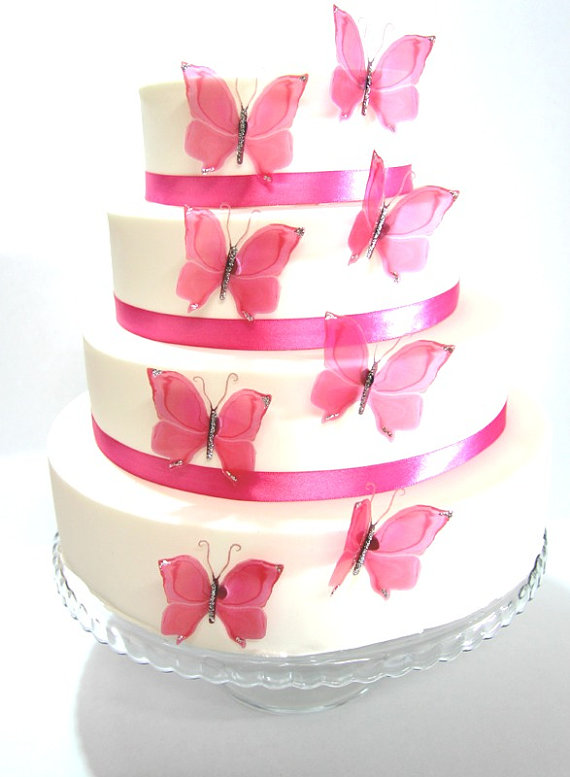 Hochzeit - 20 Hot Pink Stick on Butterflies, Wedding Cake Toppers, Butterfly Cake Decorations UNGLITTERED