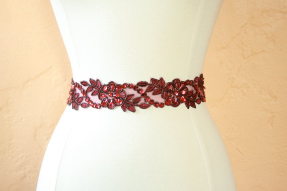 Свадьба - Lace Burgundy Bridal Sash with Beads