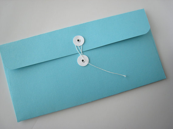 Wedding - DL Size String Tie Envelope - Horizontal opening - Turquoise Blue and White - Button Closure Envelope - 11x22 cm DL Envelopes - QTY: 10
