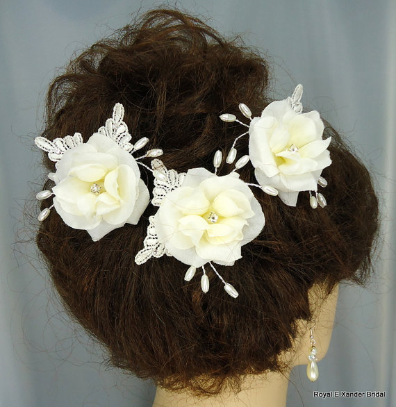 زفاف - Ivory Rose Lace Bridal Hair Pin Trio Set of 3 Bridal Hair Flowers