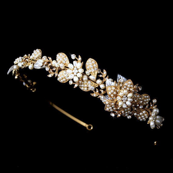 Hochzeit - Gold bridal headband, Gold flower headband, Gold wedding headpiece, Bridal headpiece, Freshwater pearls