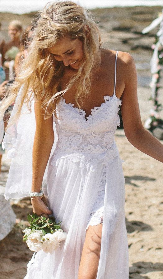 Свадьба - Stunning Low Back White Lace Wedding Dress, Dreamy Floaty Skirt And Short Lace Front Hem