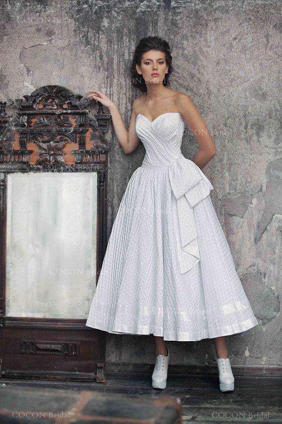 زفاف - Polka Dot Wedding Gown 50s Wedding Dress Full Skirt Sweetheart Jacquard Wedding Dress Tea Length Wedding Dress- "Sagitta"