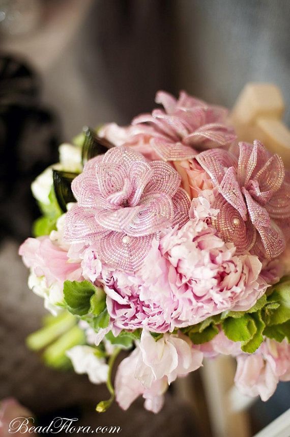 Wedding - Pink French Beaded Flowers For Bride's Bouquet