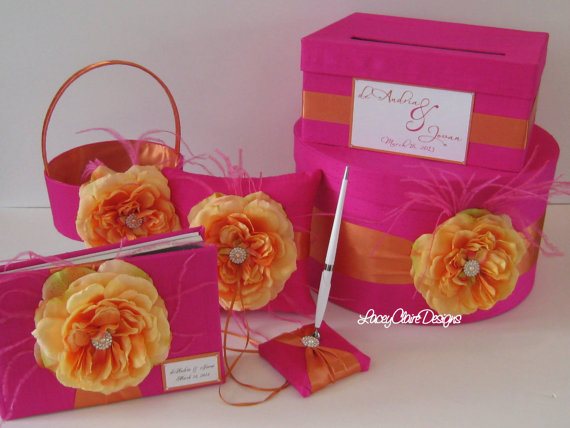 Mariage - Wedding Card Box Set - includes Ring Pillow & Flower Girl Basket and Guest Book Custom Made