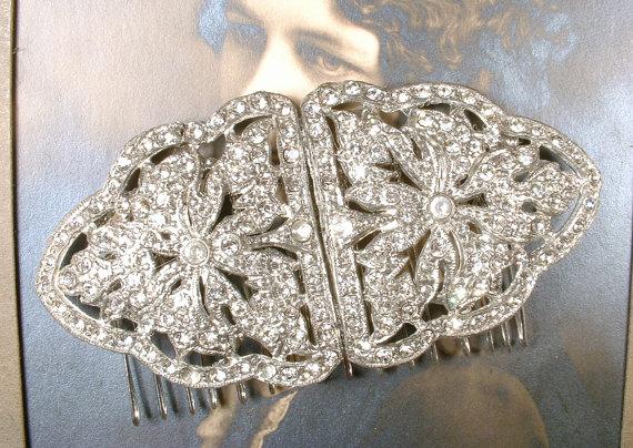 Mariage - Antique Art Deco Hair Comb, 1920s Vintage Bridal Hairpiece Pave Rhinestone Fur Clips OOAK Accessory Great Gatsby Wedding Downton Abbey Bride