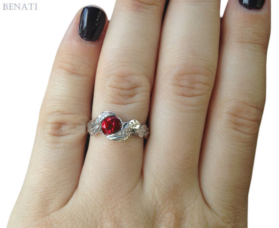 زفاف - Ruby Leaves Ring, Ruby And Diamond Leaf Engagement Ring, Diamond Ruby Leaf Ring, Natural Floral Leaves Ring, Ruby Leaf Ring, Ruby Engagement