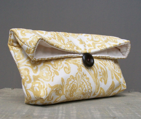 Hochzeit - Handmade Makeup Bag, Gold Clutch, Cream Yellow Clutch Purse, Spring Wedding Accessory Lace Pattern, Ivory, Great for Travel, Bridesmaid Gift