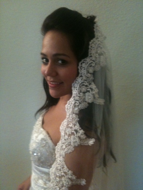 Hochzeit - Bridal Lace Veil, Wedding  Spanish veil Mantilla with exclusive beaded lace edge, silver or gold thread around flowers, Mediterranean style