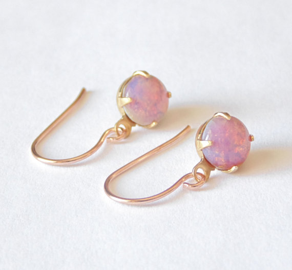 Hochzeit - Vintage pink opal glass dangle earrings with rose gold french wires.  Bridal earrings.  Bridesmaids.  Wedding jewelry.  NEW ITEM.