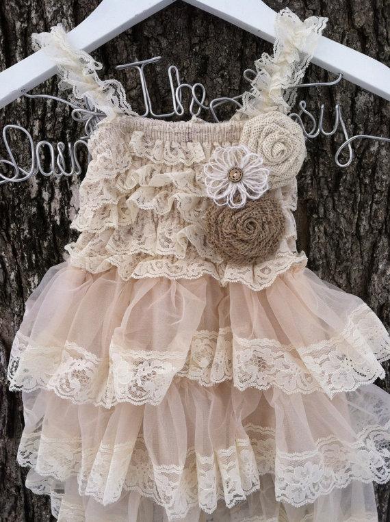 Mariage - Rustic Flower Girl Dress Lace Pettidress Rustic Flower Girl Outfit Wheat Cream Flower Girl Country Flower Girl Dress Burlap Flower Girl