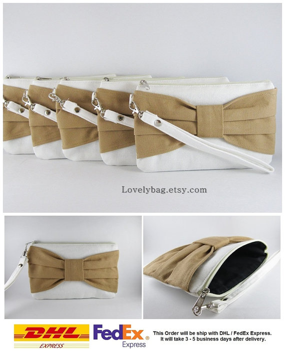 Mariage - Set of 5 Wedding Clutches, Bridesmaids Clutches / Ivory with Tan Bow Clutches - MADE TO ORDER