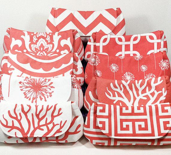 Hochzeit - Bridesmaid Clutches Wedding Clutch Bridesmaids Gifts Choose Your Fabric Coral Set of 4