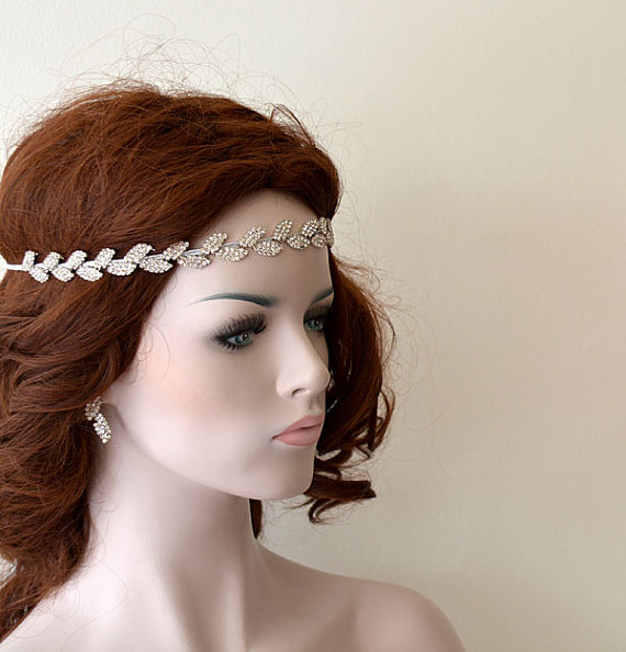 زفاف - Bridal Hair Accessory, Rhinestone headband, Wedding hair Accessory, Leaf Motif With Ribbons, Silver Color Rhinestone