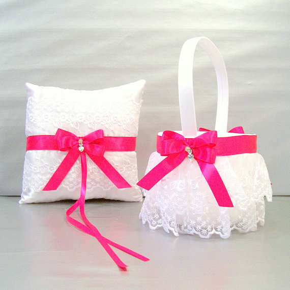 Hochzeit - Fuchsia Pink, Wedding Bridal Flower Girl Basket and Ring Bearer Pillow Set on Ivory or White ~ Double Loop Bow & Hearts Charm ~ Allison Line