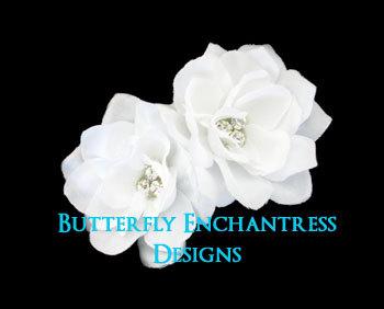 Wedding - Hair Accessories, Wedding Hair Flowers, Bridal White Flower - 2 Mini Rhinestone Gardenia Bobby Pins