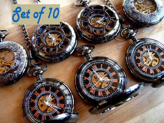 Свадьба - Set of 10 Pocket Watcheswith Chains Black Mechanical Personalized Engravable Groomsmen Gift Wedding Pocket Watch