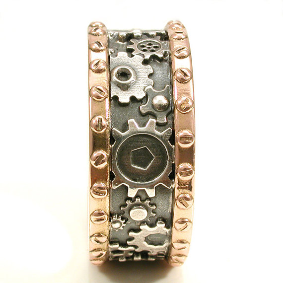 Свадьба - Rose Gold Steampunk Gear Ring Sterling Silver - Mens Engagement Ring Industrial