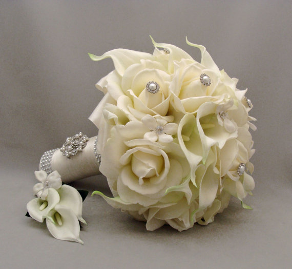 Hochzeit - Reserved - Bridal Bouquet Stephanotis Real Touch Roses Calla Lilies Bridesmaids Bouquets Groomsmen Boutonnieres Centerpieces Corsages