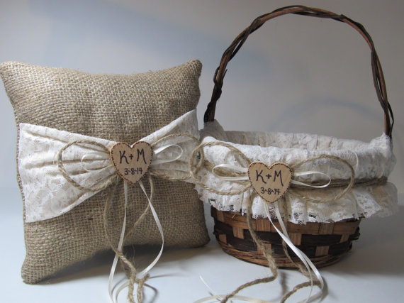 Wedding - Burlap and Ivory Lace Flower Girl Basket and Ring Bearer Pillow - Personalized For Your Special Day