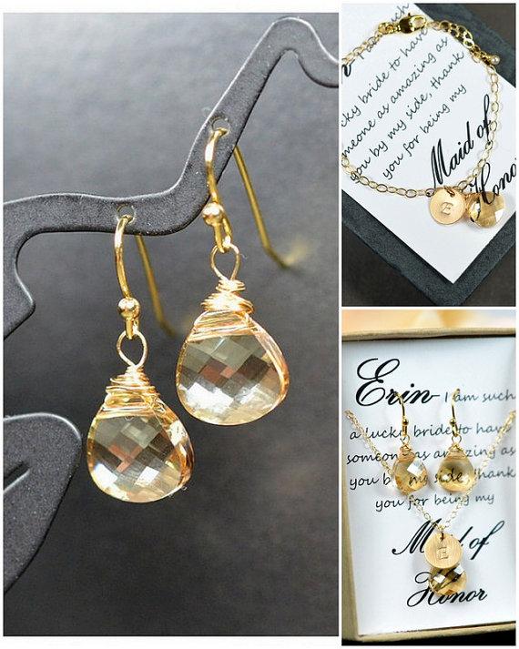 Hochzeit - Bridesmaid jewelry bridal wedding Champagne gold swarovski Crystal bridal earrings , tear drop dangle, bridesmaid gifts and cards