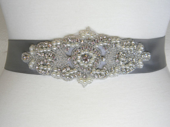زفاف - Wedding Belt - Bridal Sash - Bridal Belt - Sash Belt - Crystal Rhinestone Pearl Wedding Dress Belt - Silver Gray Bridal Sash - SOFIA
