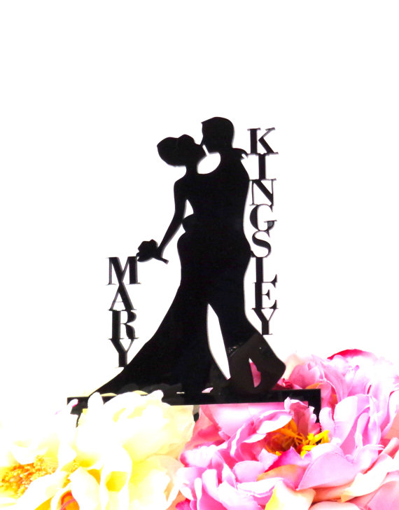 Wedding - Bride and Groom Silhouette Cake Topper Monogram Personalized Names Silhouette Wedding Cake Topper Bride and Groom Cake Topper