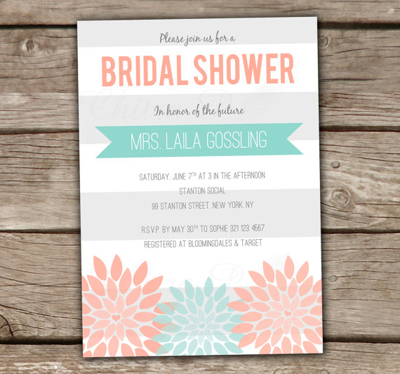 Hochzeit - Mint & Coral Bridal Shower Invitation - Printed or Printable, Baby, Engagement Party, Wedding, Couples, Blush, Grey Modern Banner - #003