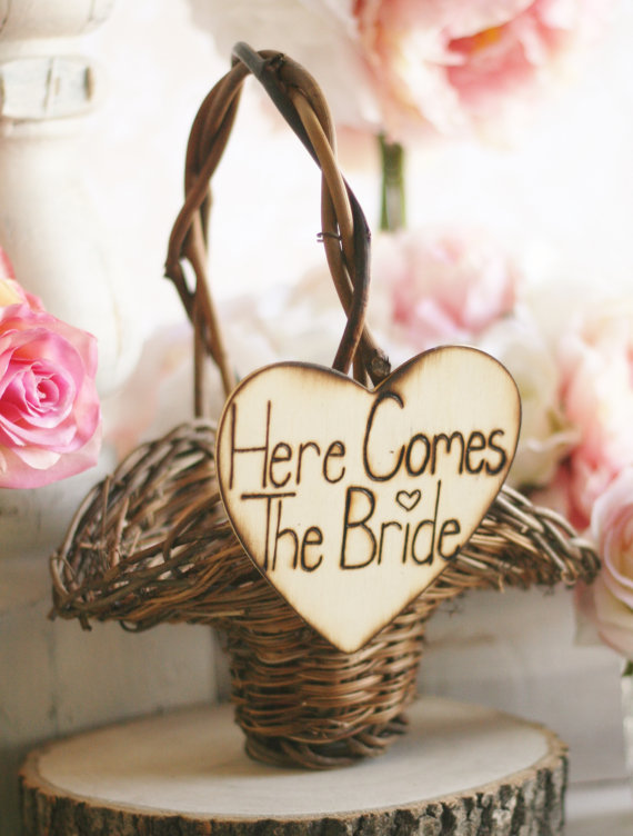 Wedding - Rustic Flower Girl Basket Here Comes The Bride Sign (Item Number MHD20051)