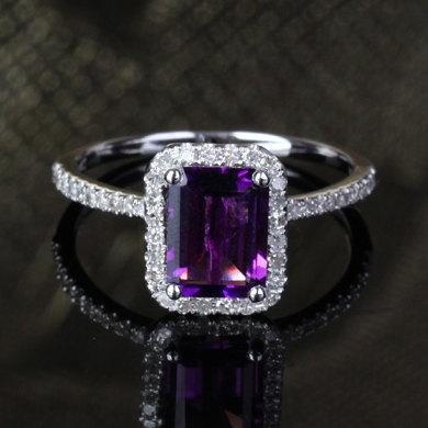 زفاف - 6x8mm Emerald Cut Amethyst 14k White Gold Pave .29ct Diamonds Halo Engagement Ring