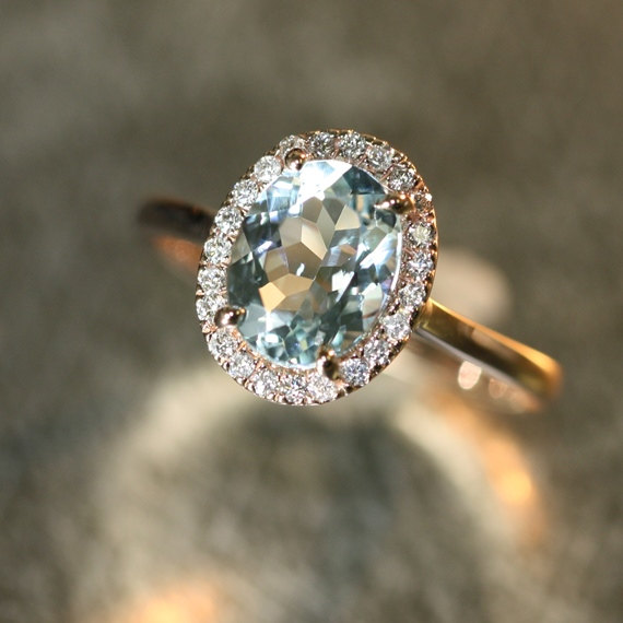 Wedding - Handmade Natural Aquamarine Engagement Ring 9x7mm Oval Aquamarine Wedding Ring Halo Diamond Ring 14k Rose Gold (Other Metals Available)