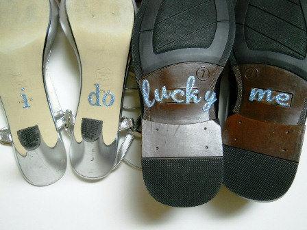 Hochzeit - His & Hers I DO Shoe Stickers in Blue for your wedding shoes - I Do for you and Lucky Me for him
