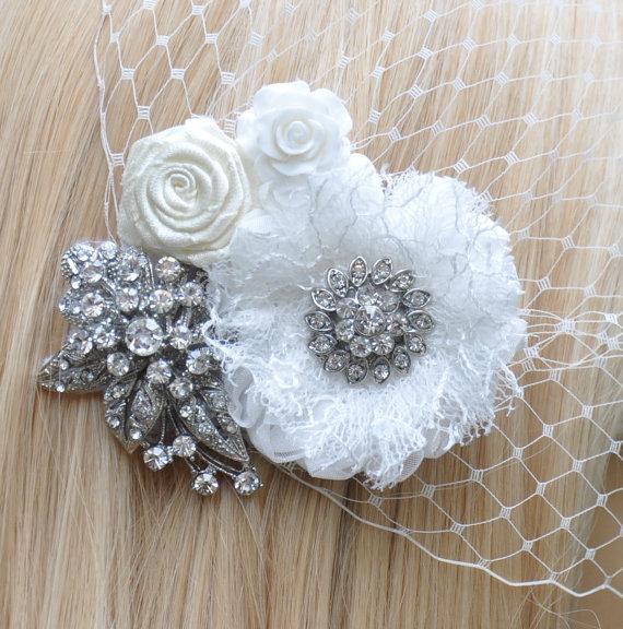 Hochzeit - Birdcage Veil (Bandeau style) set with hair  Fascinator (2 Items) , Hair Accessory,wedding veil, Bridal hair piece ,wedding hair piece,