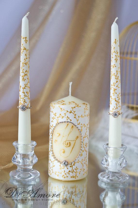 زفاف - IVORY & GOLD -painted handmade  Wedding Unity Candle. Set of 3. custom color