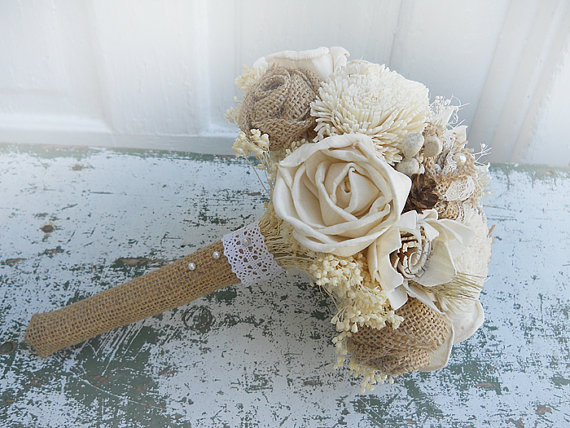 Hochzeit - Country Wedding Bridal Bouquet, Sola Flowers, Burlap Roses, Wheat, Mini Pine Cones, Tallow Berries. Made to Order.